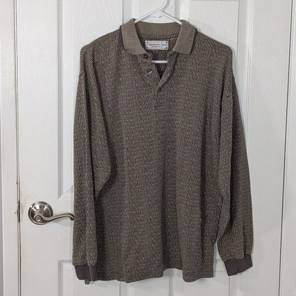 Vintage Corporate Gear Herringbone Polo Shirt Long‎ Sleeve Collared Top